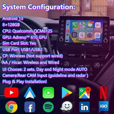 واجهة الفيديو للملاحة لسيارة Lsailt Android Carplay لعام 2021-2024 تويوتا كامري هجينة XSE XLE SL SE XV70
